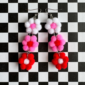 White/Pink/Red Fuzzy Daisy Earrings - FEBRUARY