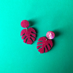 Glittery Hot Pink Monstera Leaf Earrings