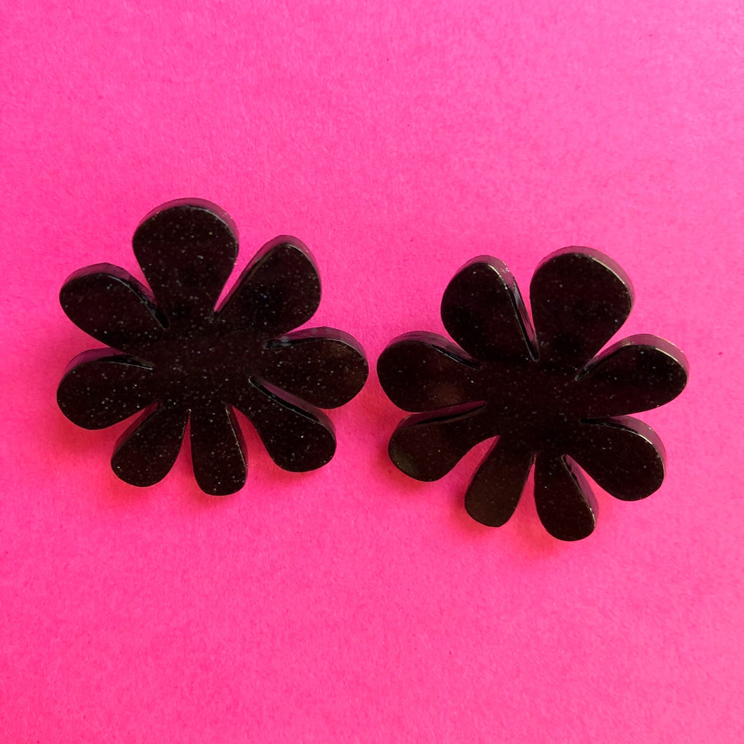 Sparkly Black Doodle Flower Earrings