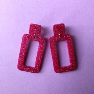 Sparkly Hot Pink Rectangle Earrings