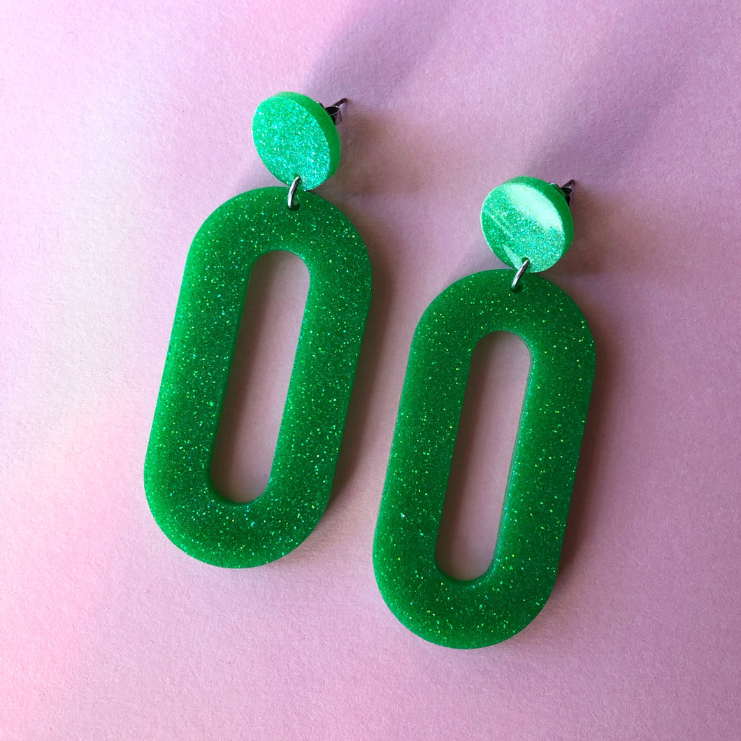 Glittery Green Oval Earrings