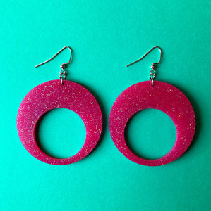 Glittery Hot Pink Mod Hoop Earrings