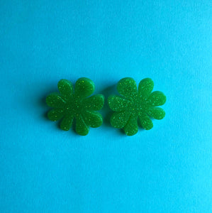 Glittery Green Doodle Flower Earrings