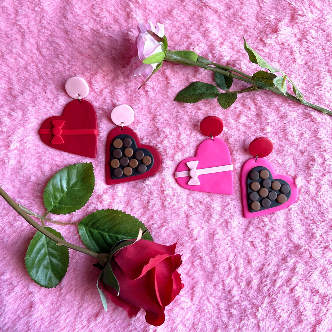 Heart-Shaped Box of Chocolates Clay Earrings