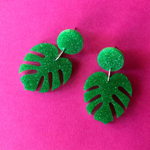 Glittery Green Monstera Leaf Earrings