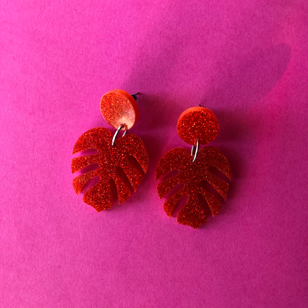 Rust Orange Monstera Leaf Earrings