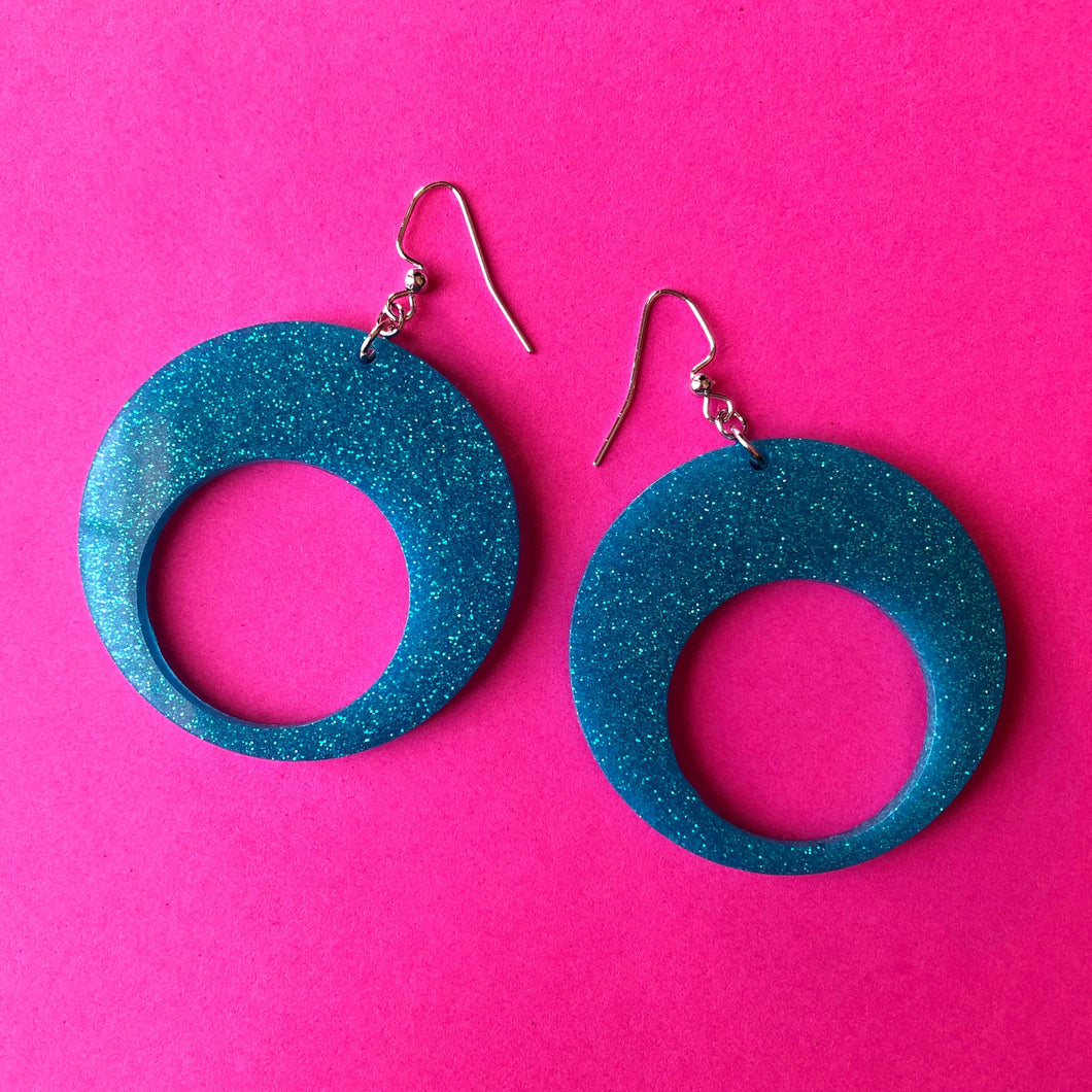 Glittery Blue Mod Hoop Earrings