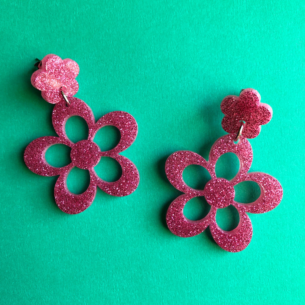 Sparkly Pink Double Flower Earrings