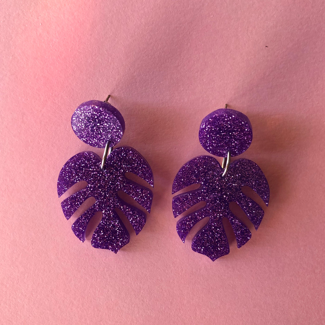 Sparkly Purple Monstera Leaf Earrings