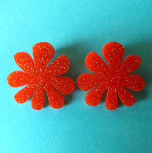 Glittery Orange Doodle Flower Earrings