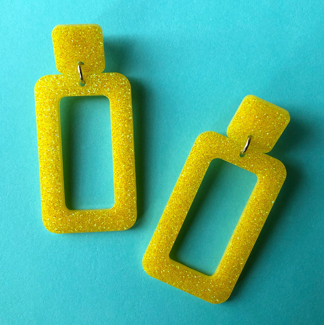 Glittery Yellow Rectangle Earrings