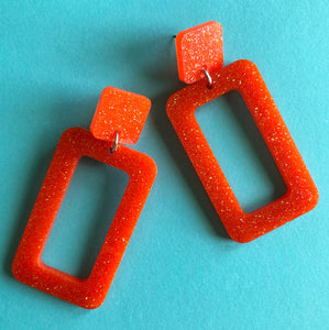 Glittery Orange Rectangle Earrings