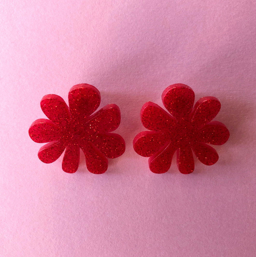 Sparkly Red Doodle Flower Earrings