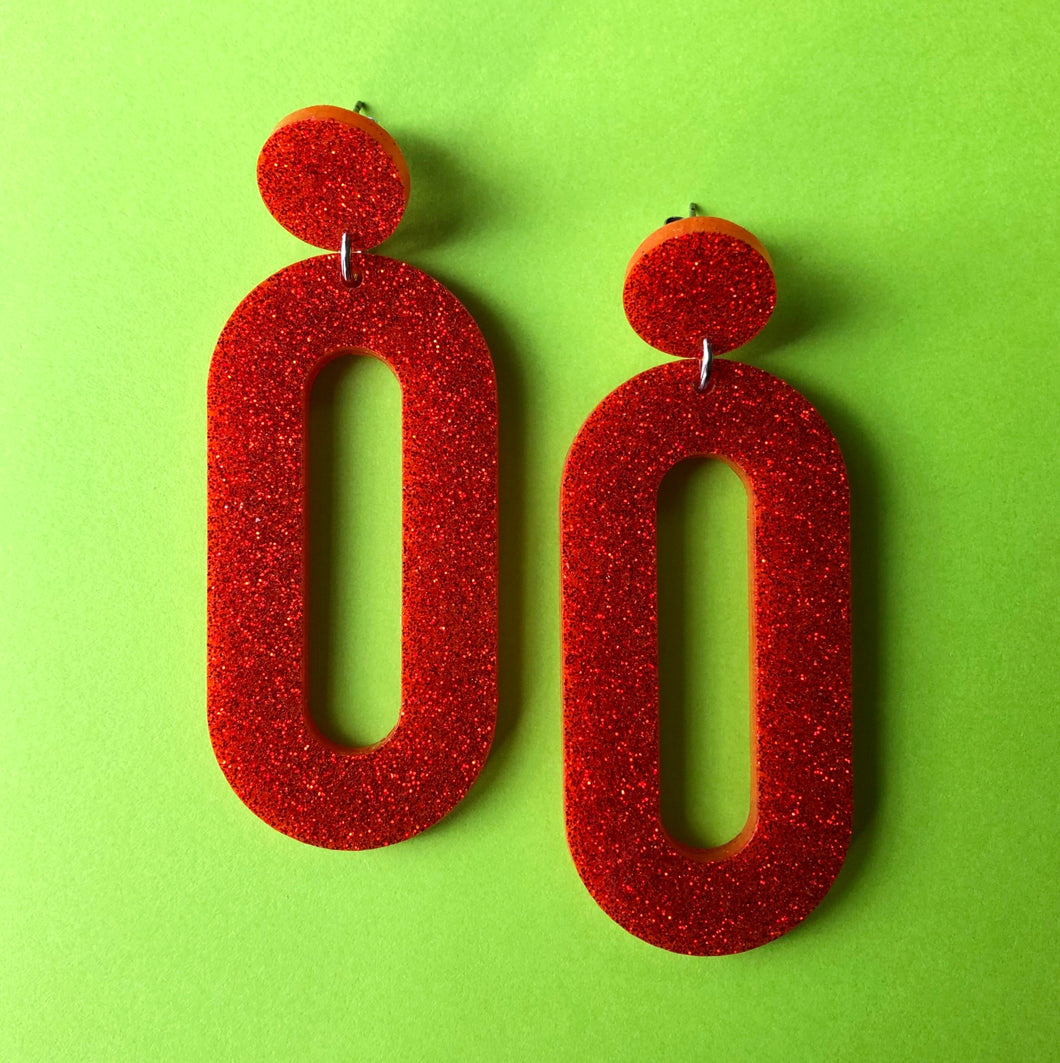 Sparkly Rust Orange Oval Earrings