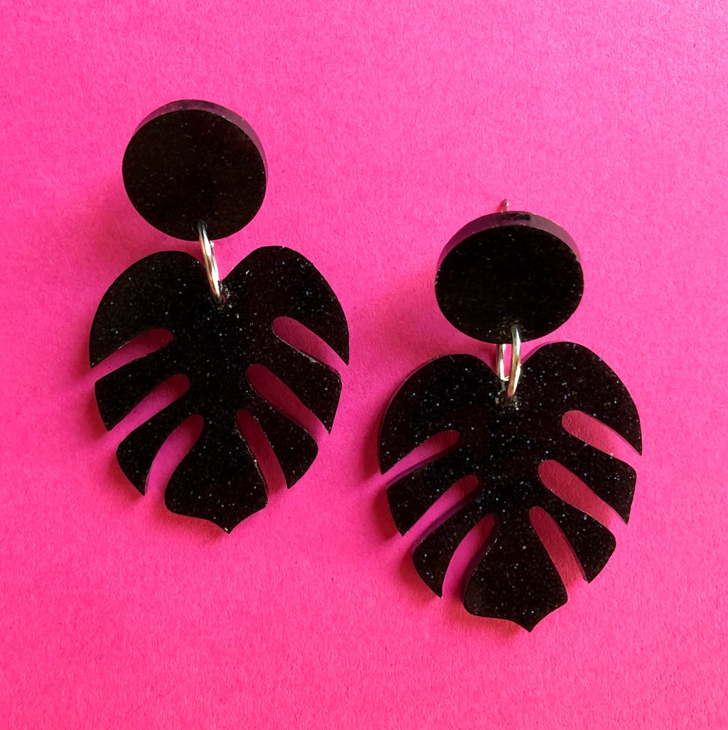 Sparkly Black Monstera Leaf Earrings