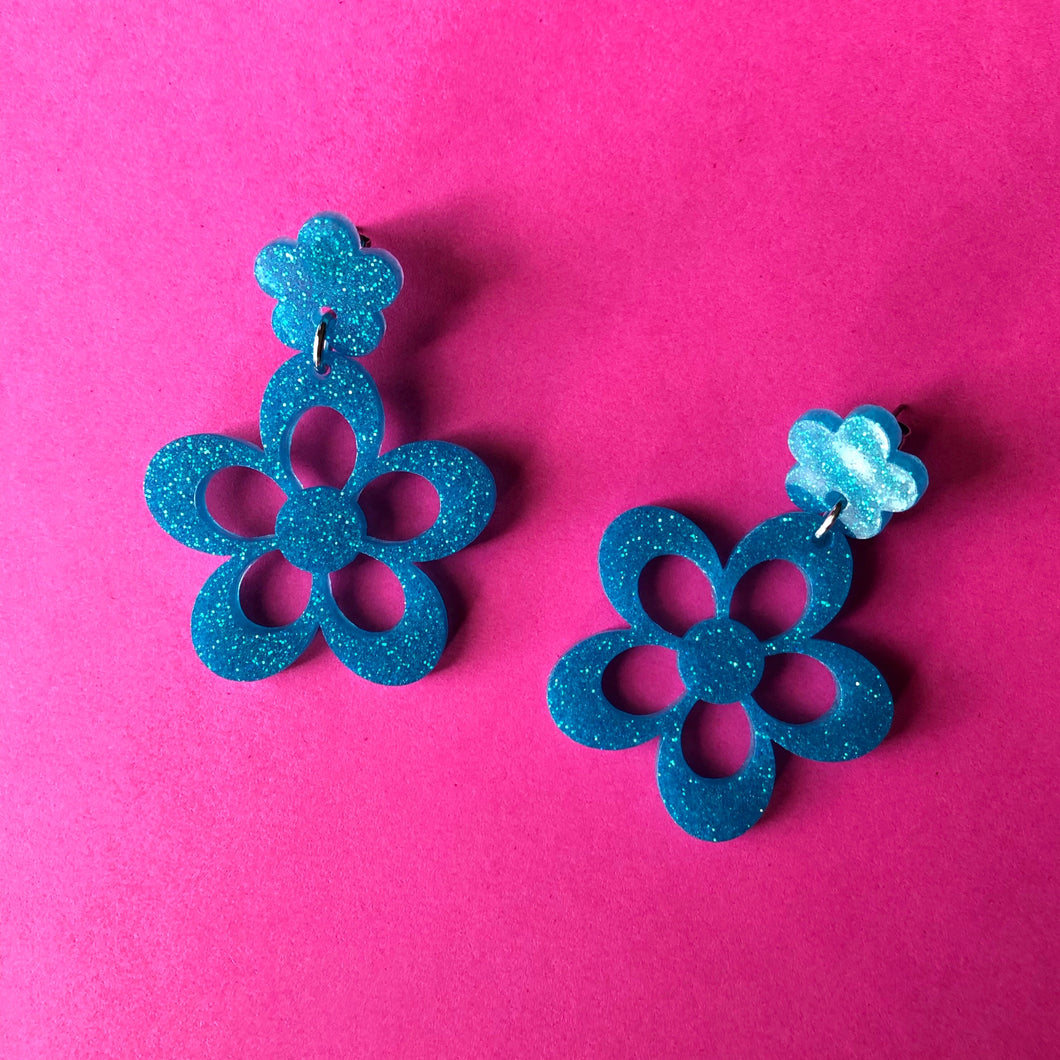 Glittery Blue Double Flower Earrings