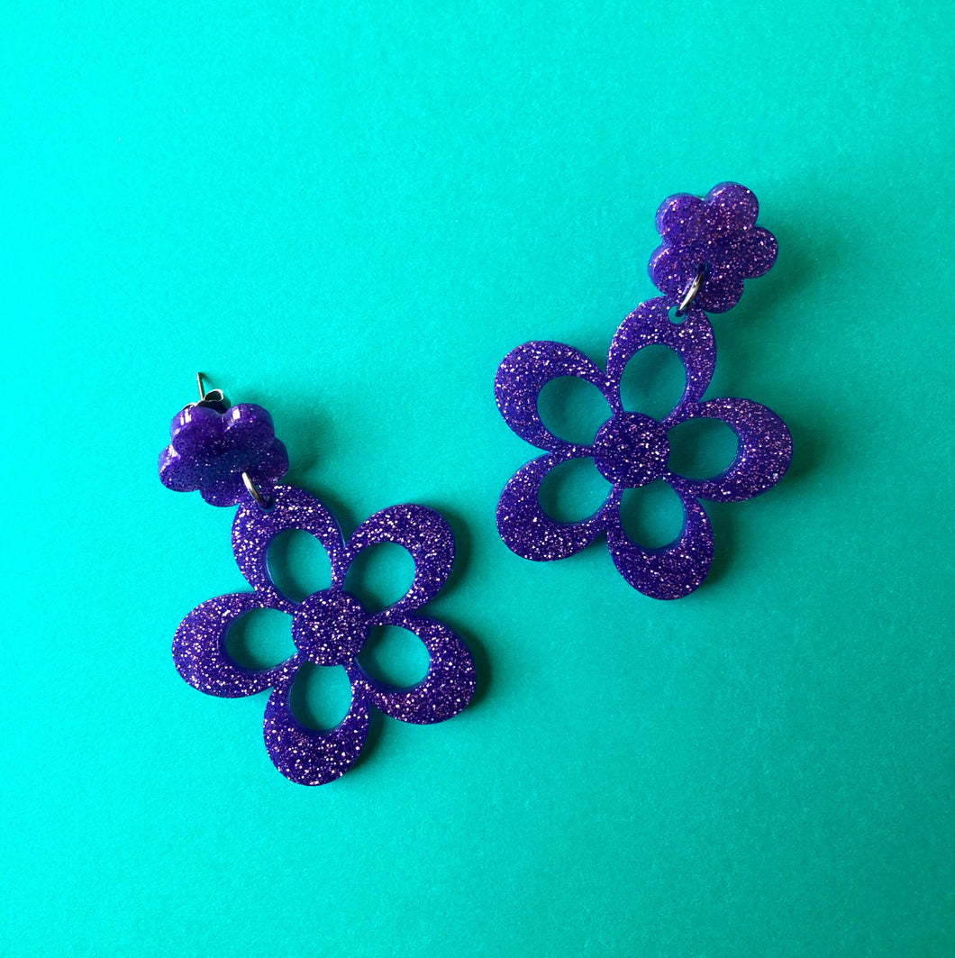 Sparkly Purple Double Flower Earrings