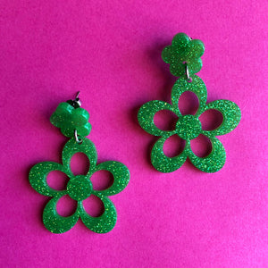 Glittery Green Double Flower Earrings