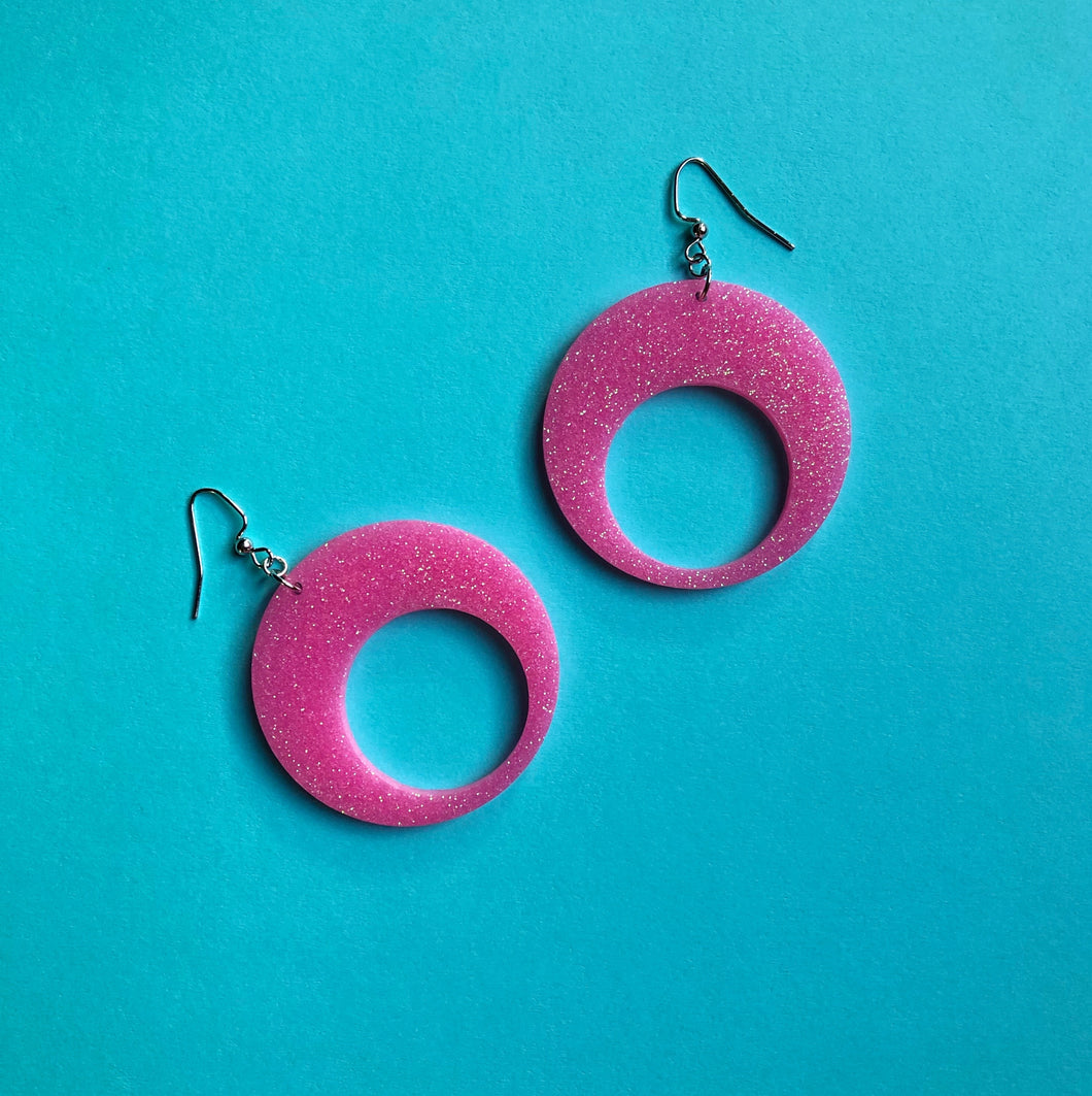 Glittery Pink Mod Hoop Earrings