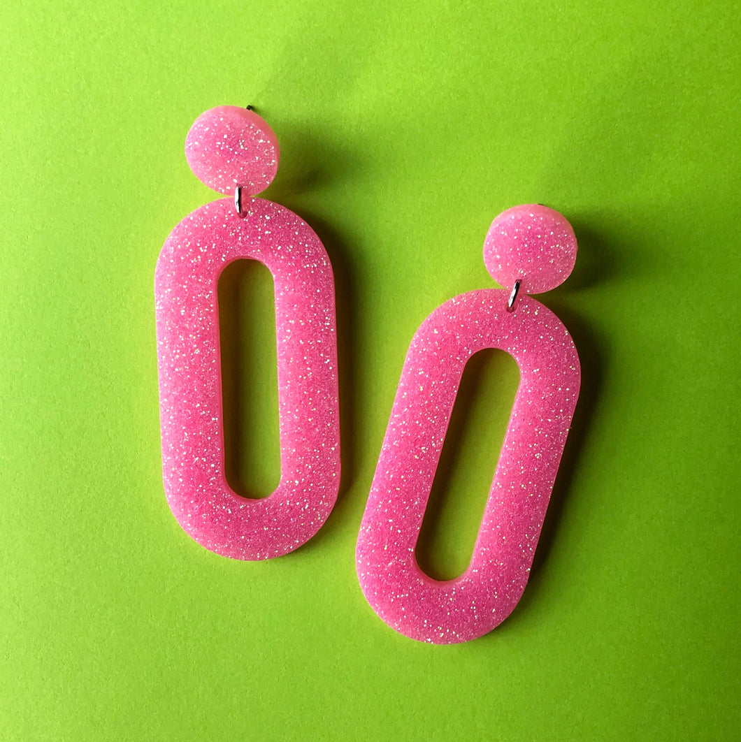 Glittery Pink Oval Earrings