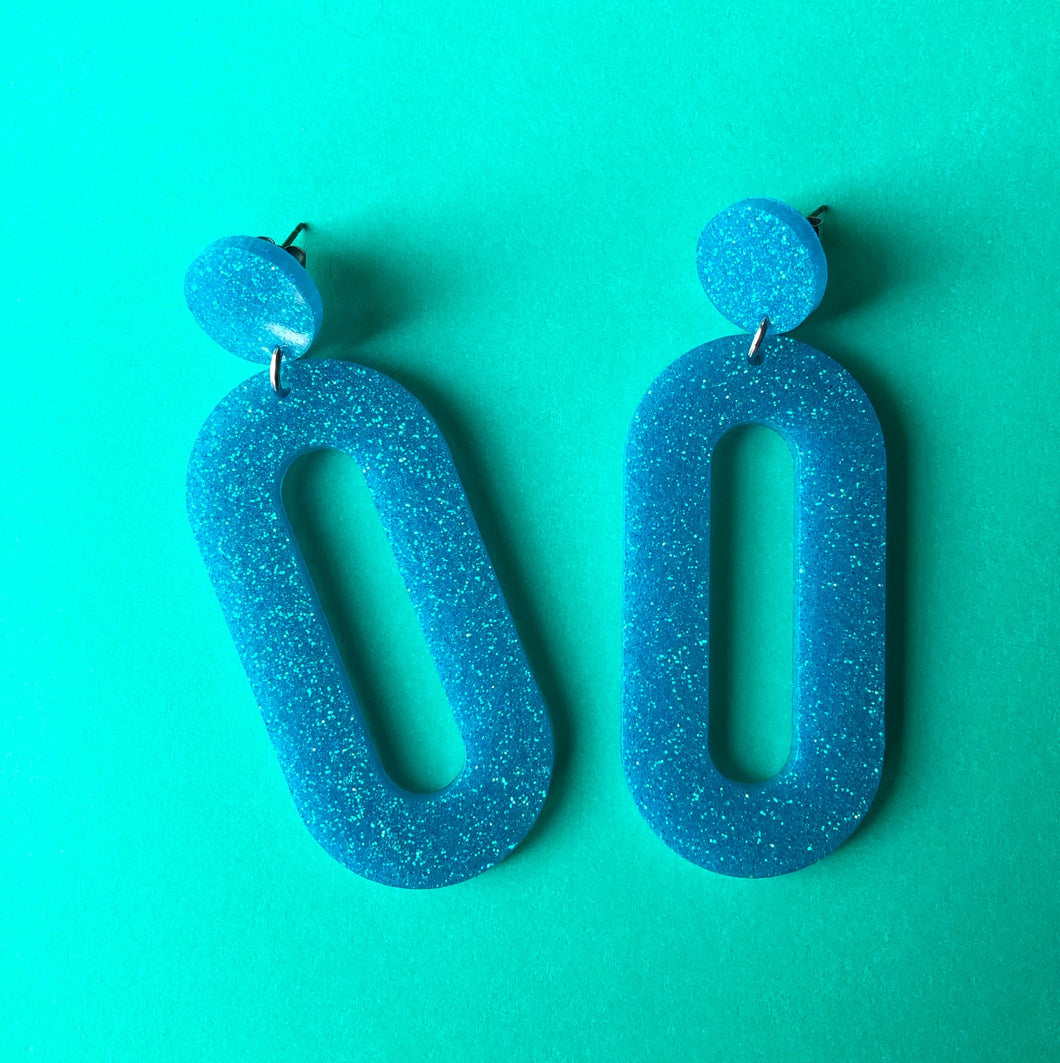 Glittery Blue Oval Earrings