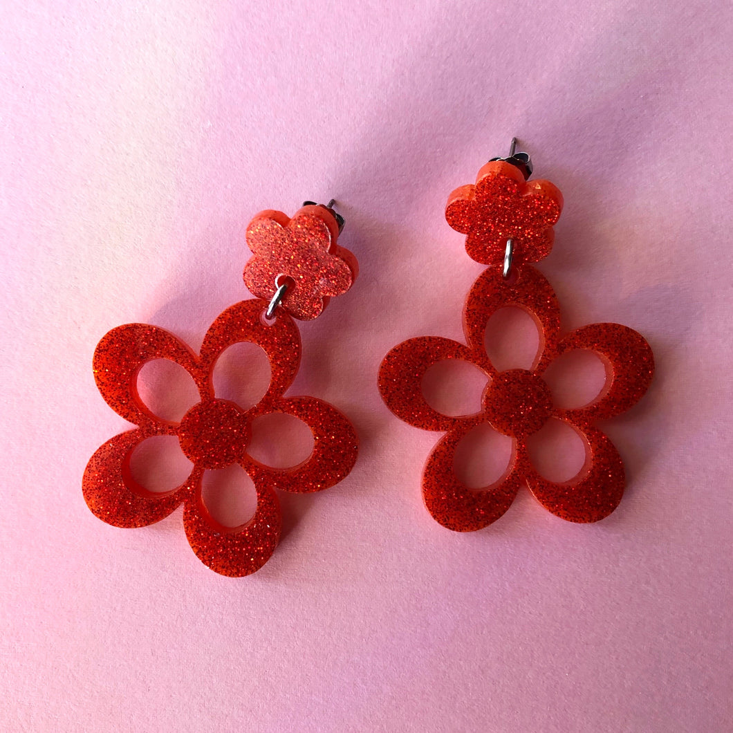 Sparkly Rust Orange Double Flower Earrings