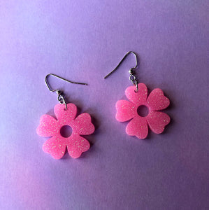 Glittery Pink Flower Earrings