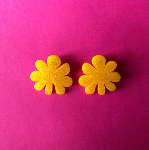 Glittery Yellow Doodle Flower Earrings