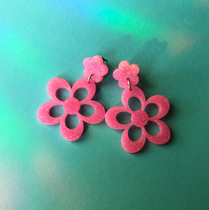 Glittery Pink Double Flower Earrings