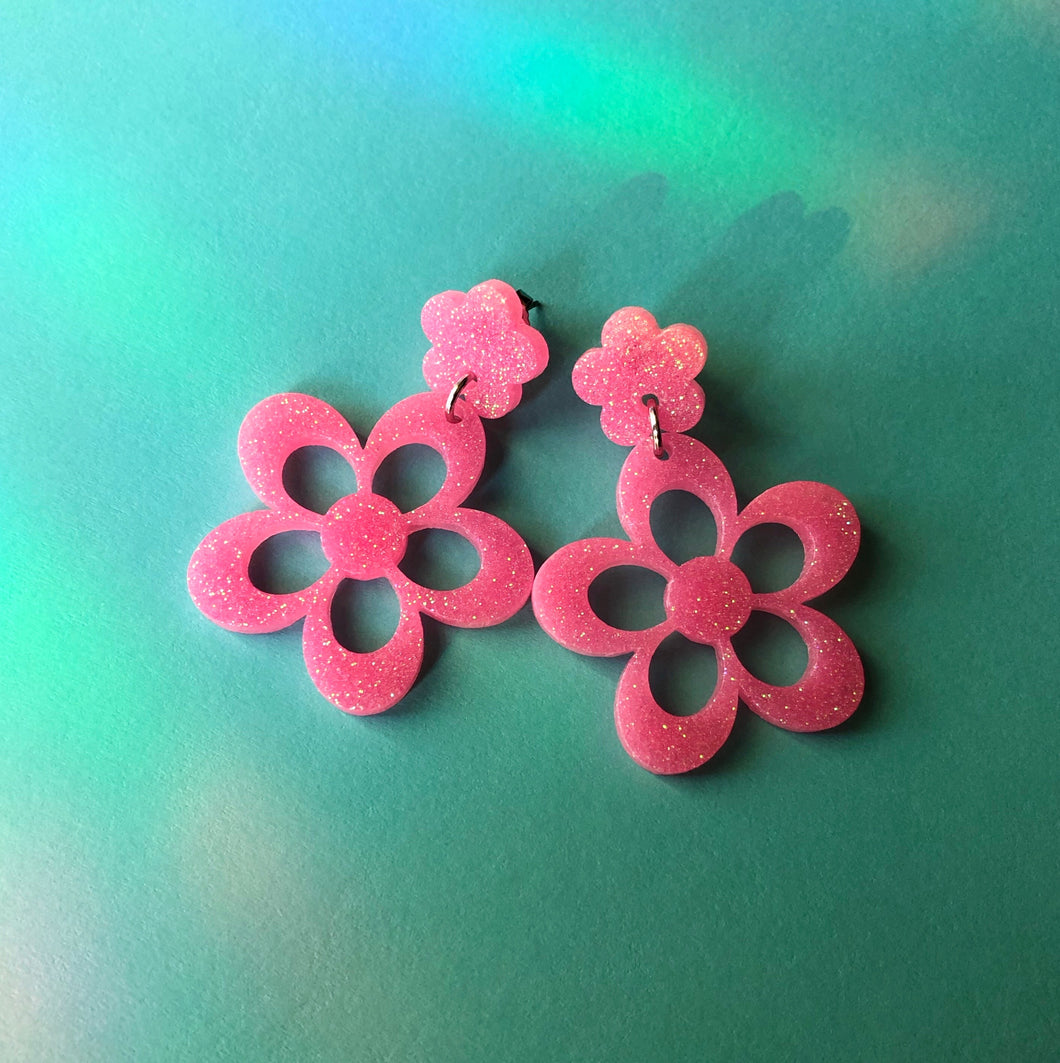 Glittery Pink Double Flower Earrings