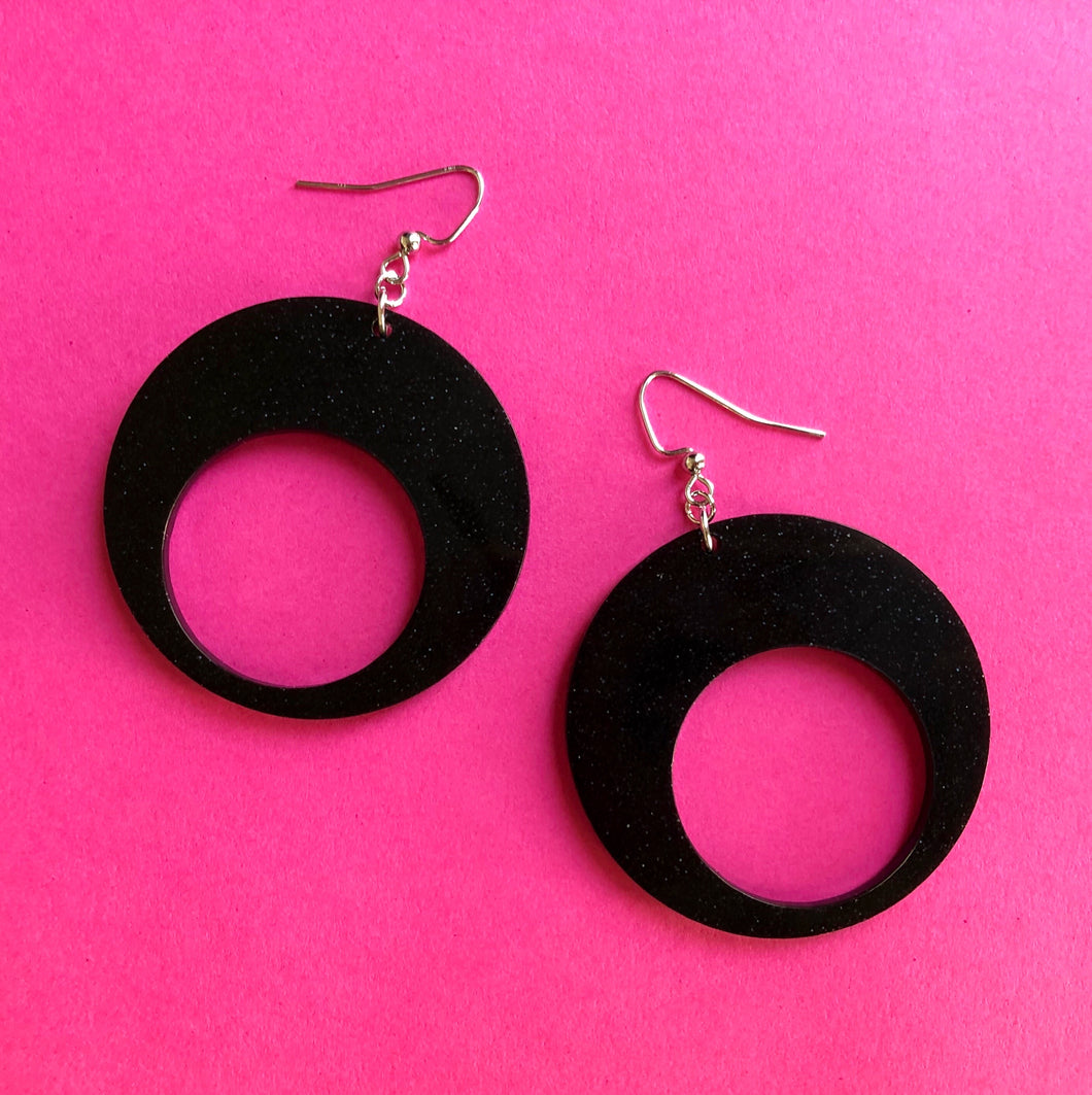 Sparkly Black Mod Hoop Earrings