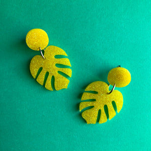 Glittery Yellow Monstera Leaf Earrings