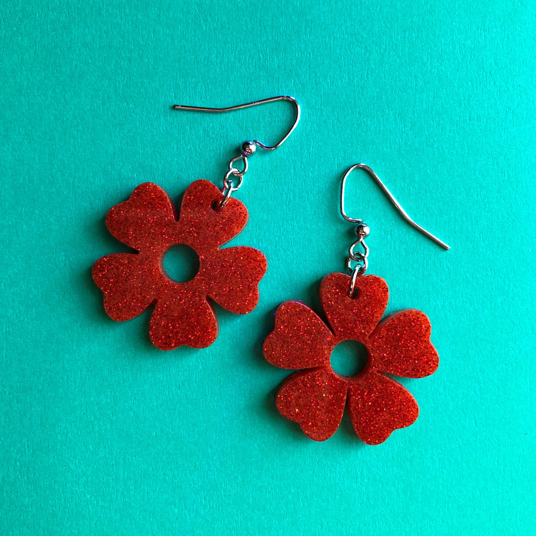 Sparkly Rust Orange Flower Earrings