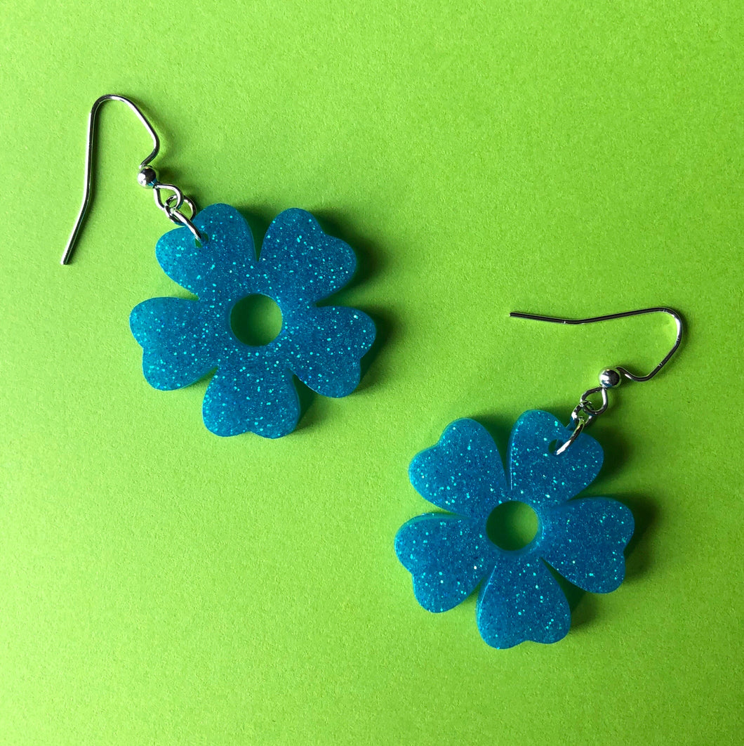 Glittery Blue Flower Earrings