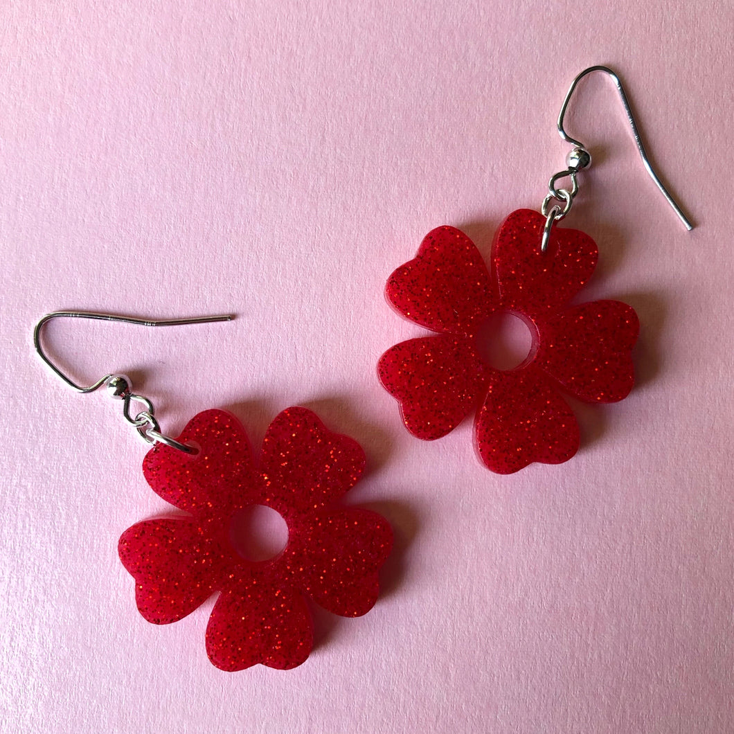 Sparkly Red Flower Earrings