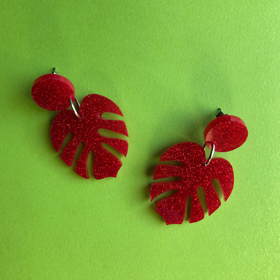 Sparkly Red Monstera Leaf Earrings