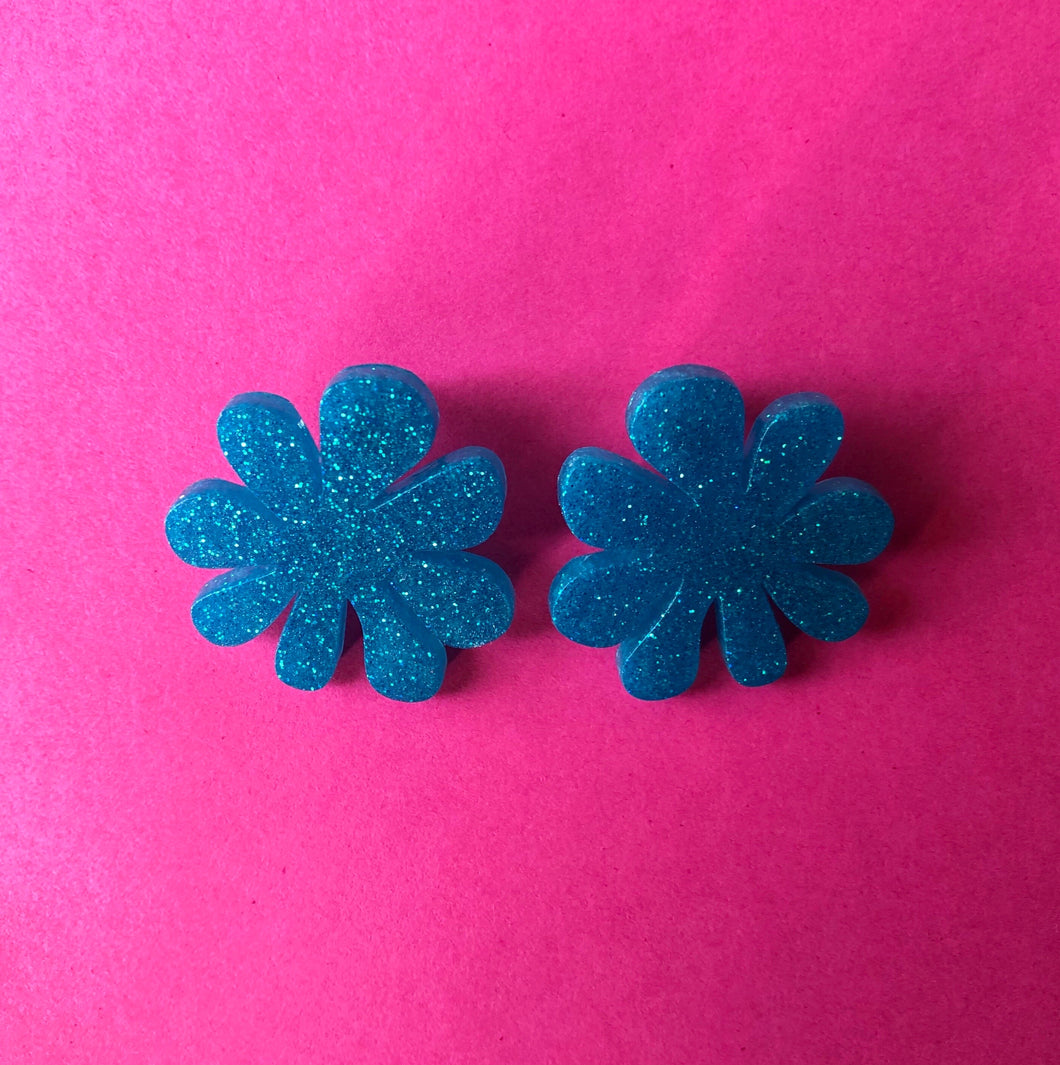 Glittery Blue Doodle Flower Earrings