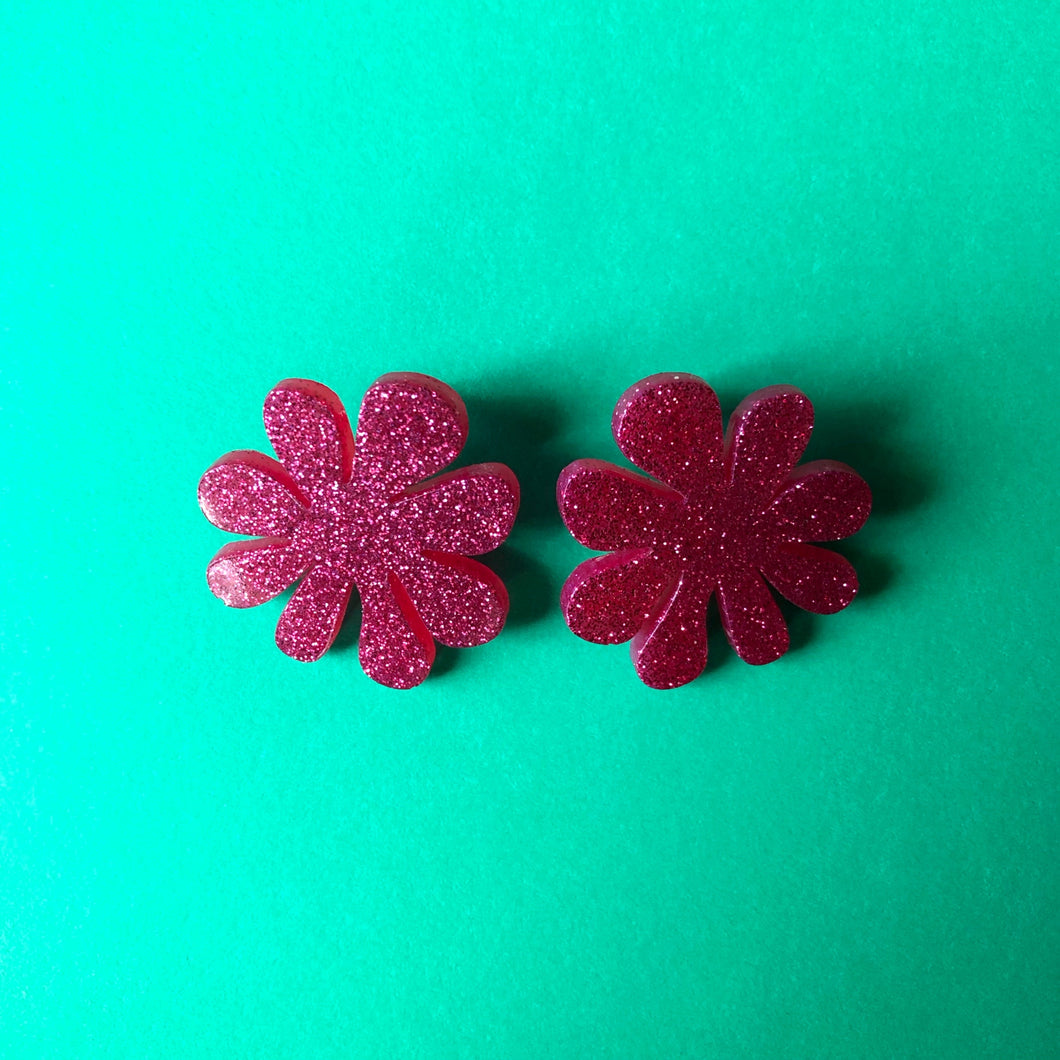 Sparkly Hot Pink Doodle Flower Earrings