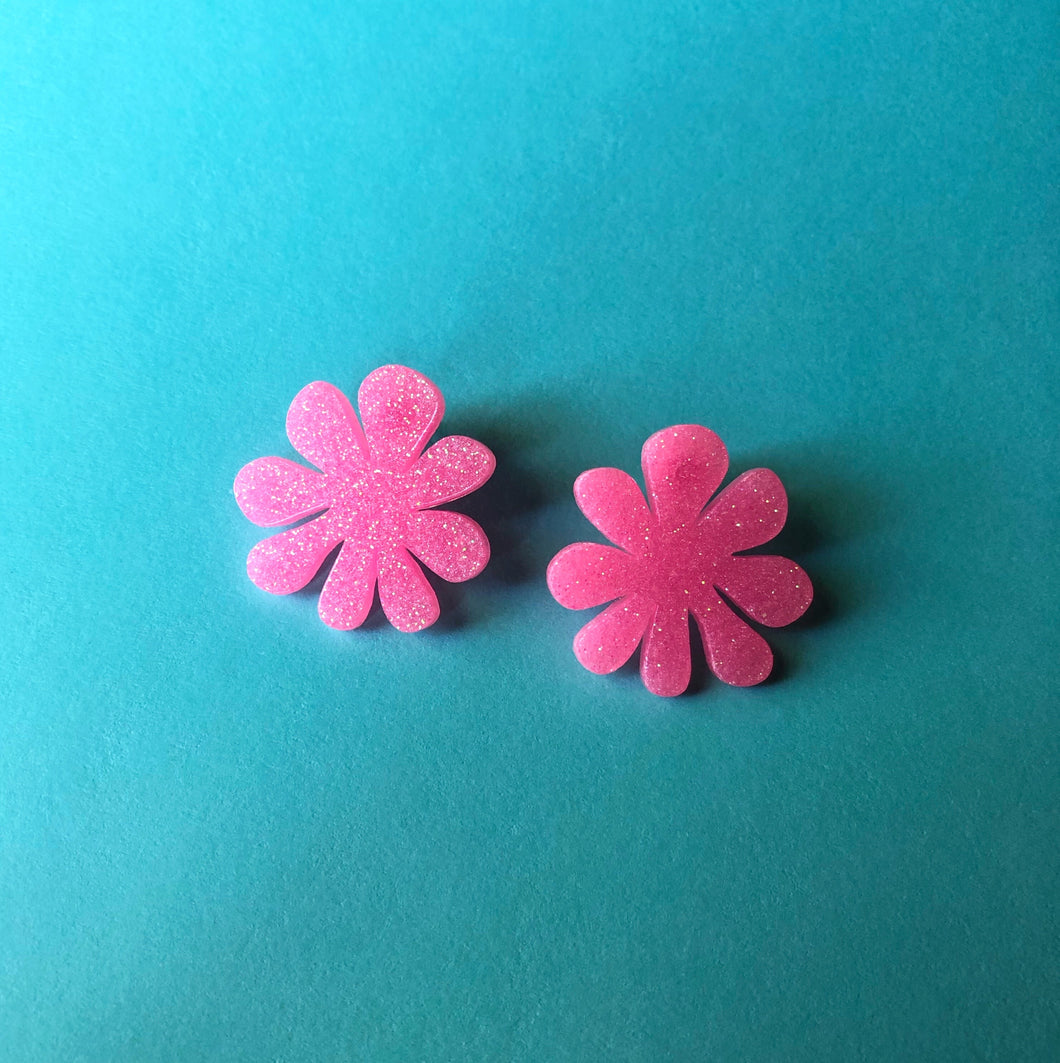 Glittery Pink Doodle Flower Earrings