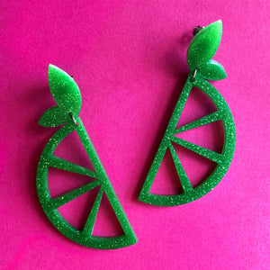 Glittery Green Lime Wedge Earrings