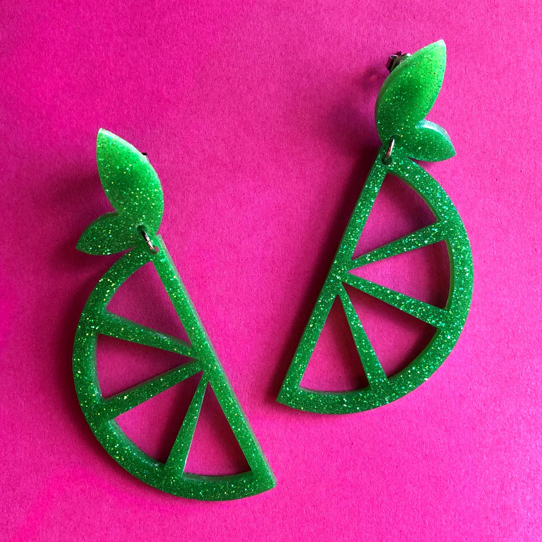 Glittery Green Lime Wedge Earrings