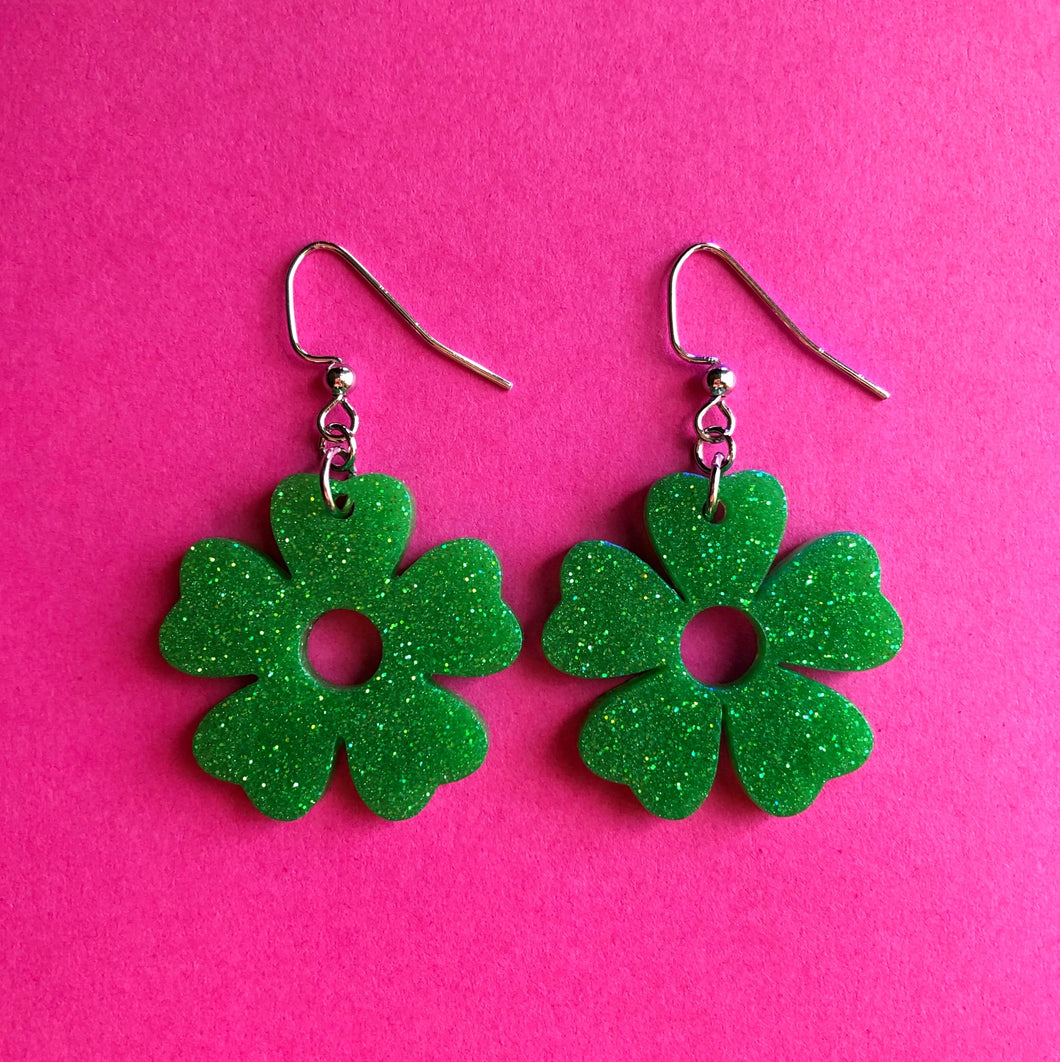 Glittery Green Flower Earrings