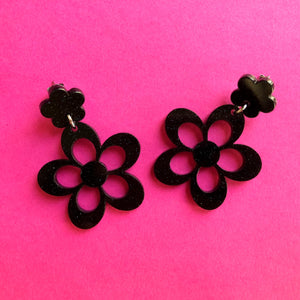 Sparkly Black Double Flower Earrings