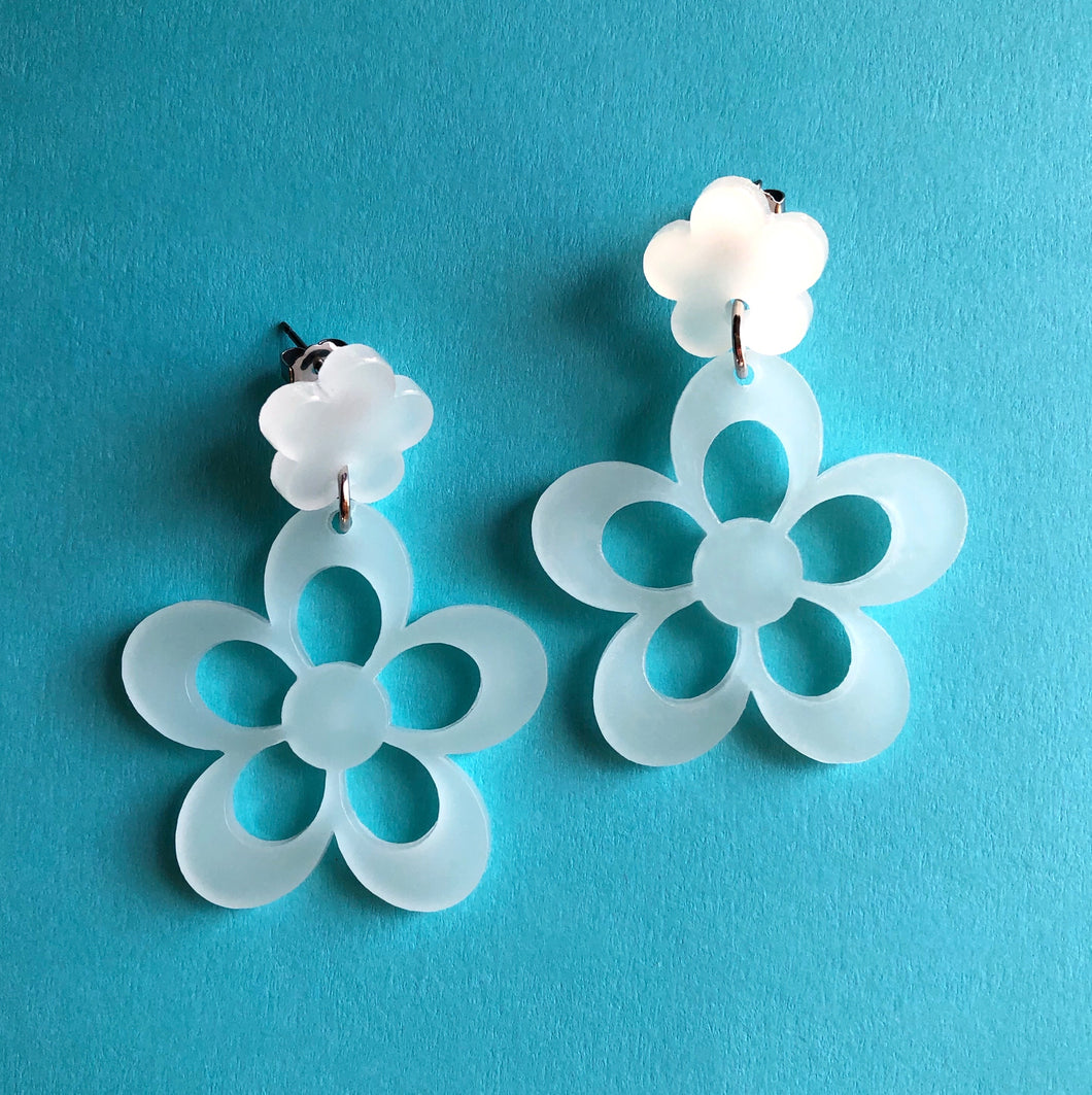 GLOW IN THE DARK Aqua Double Flower Earrings