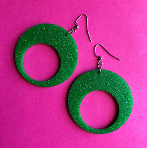 Glittery Green Mod Hoop Earrings