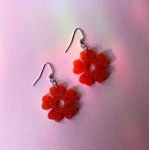 Glittery Orange Flower Earrings