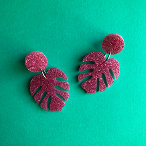 Sparkly Pink Monstera Leaf Earrings