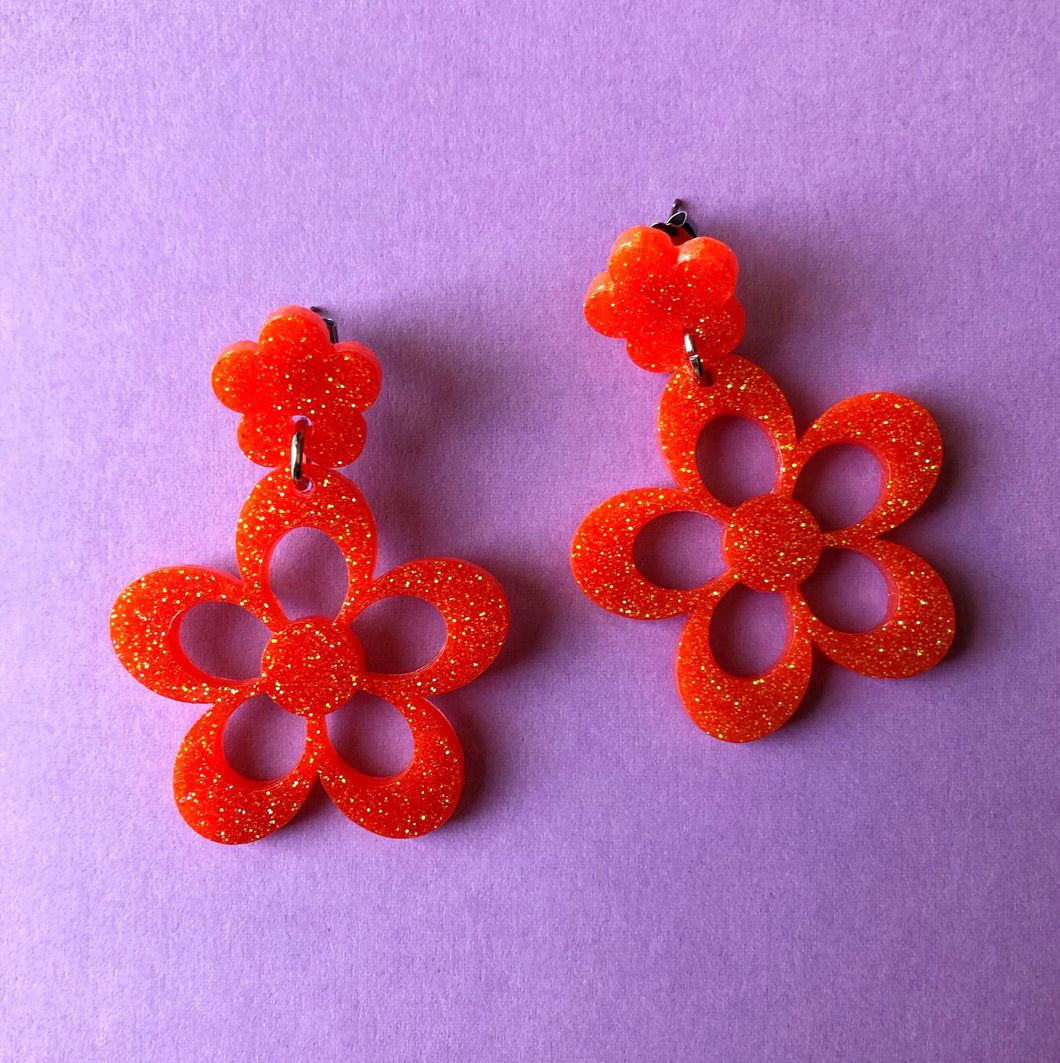 Glittery Orange Double Flower Earrings