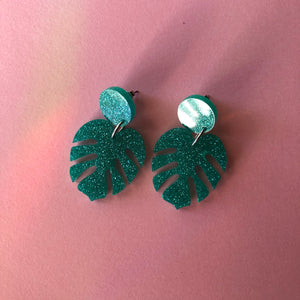 Glittery Teal Monstera Leaf Earrings