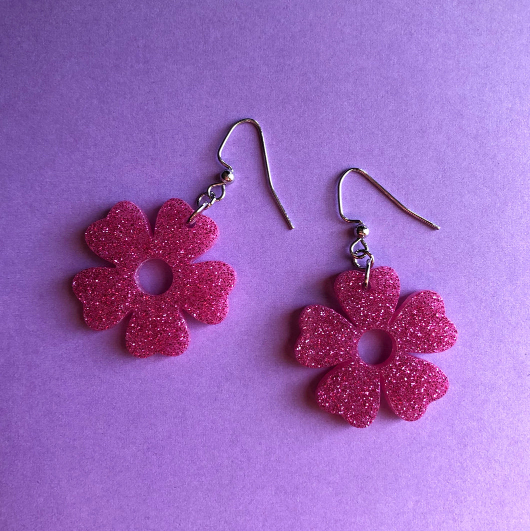 Sparkly Pink Flower Earrings